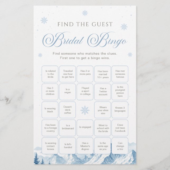 Blå Vinter Bröllopsdusch Bingo Spel (Framsida)