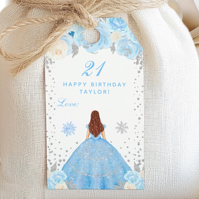Blå Vinter Brun Hår Prinsessa Födelsedagsfest Presentetikett (Skapare uppladdad)