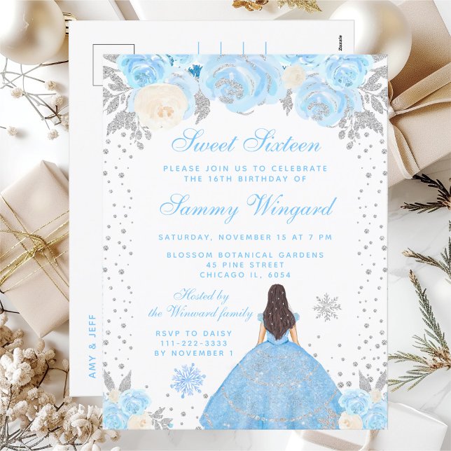 Blå Vinter Brunett Hår Prinsessa Sweet Sixteen Vykort (Skapare uppladdad)