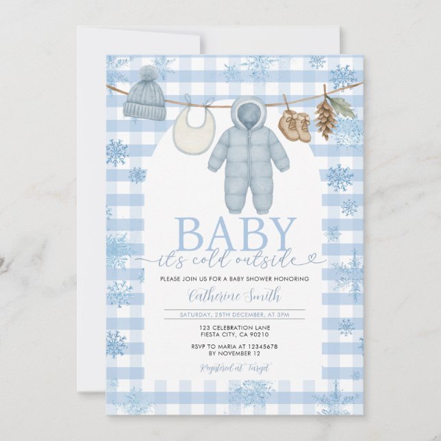 Blå vinter Clothesline Baby Shower Clothes Snö Inbjudningar (Framsida)