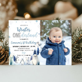 Blå Vinter Djur Onederland 1-års Födelsedagsfoto Inbjudningar