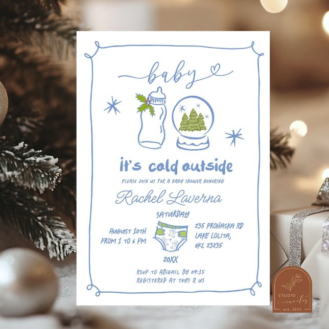 Blå Vinter Jul Handritad Baby Shower Inbjudningar (Skapare uppladdad)