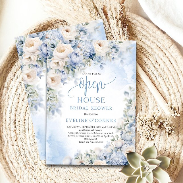 Blå vinter- och elfenbensblommor Öppna House Inbjudningar (Boho Elegant Dusty Blue and Ivory Flowers open house bridal shower invitation)