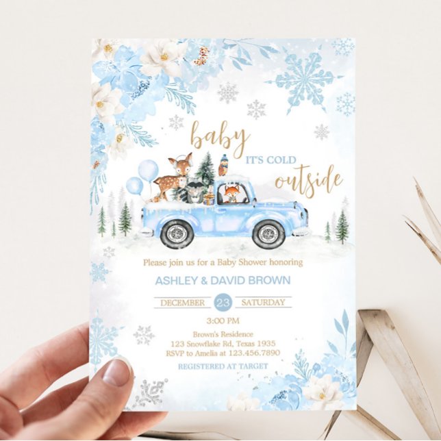 Blå Vinter Skog Lastbil Baby Shower  Inbjudningar (Blue Baby It's Cold Outside Baby Shower Invitation)