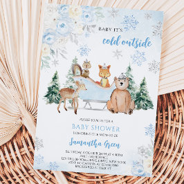 Blå Vinter Skogs Baby Shower Inbjudningar