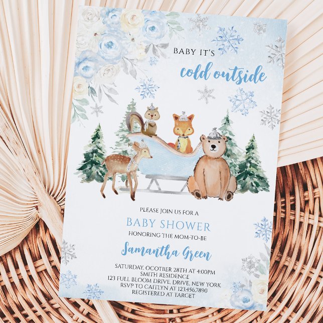Blå Vinter Skogs Baby Shower Inbjudningar (Skapare uppladdad)