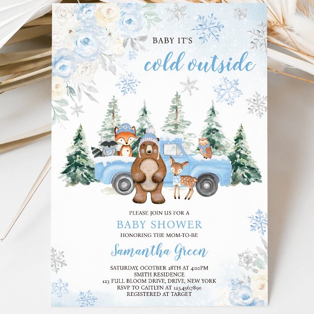 Blå Vinter Skogs Baby Shower Inbjudningar (Skapare uppladdad)