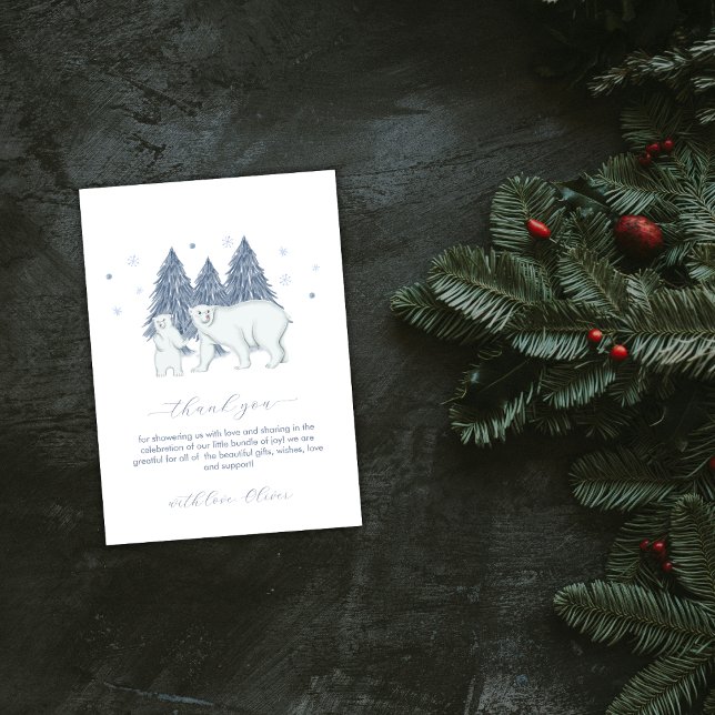 Blå Vinter Skogs Bebis firande Polar Björn   Tack Kort (Blue Winter Woodland Polar Bear Baby Shower Thank You Card)