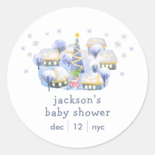 Blå vinter snö Det tar en by Baby Shower Runt Klistermärke
