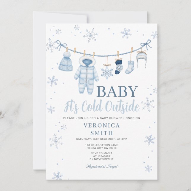 Blå vinter snöflinga klädstreck Baby Shower Inbjudningar (Framsida)