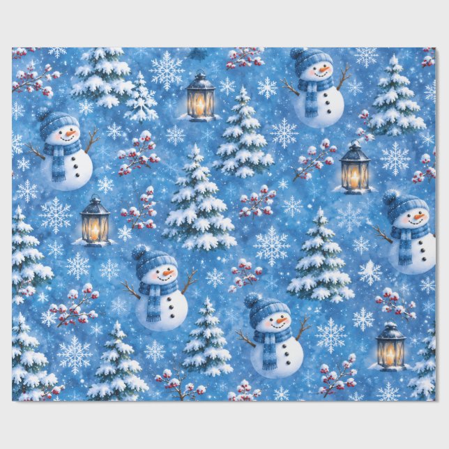 Blå vinter snömannen jul snöflinga presentinslagni presentpapper (Platt)