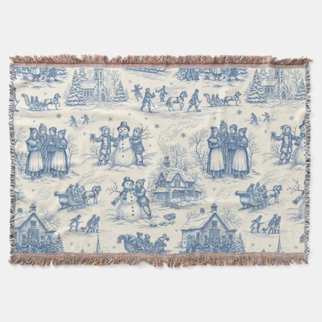 Blå Vinter Toile Chinoiserie Filt (Framsidan)