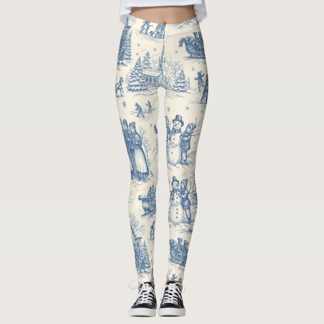 Blå Vinter Toile Chinoiserie Leggings (Framsida)