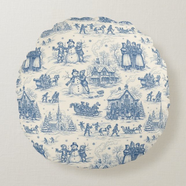Blå Vinter Toile Chinoiserie Rund Kudde (Framsidan)