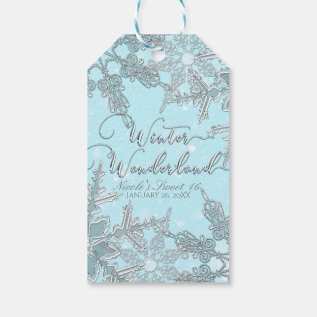 Blå Vinter Värld Eleganta Snöflingor Bröllop Presentetikett (Baksidan)