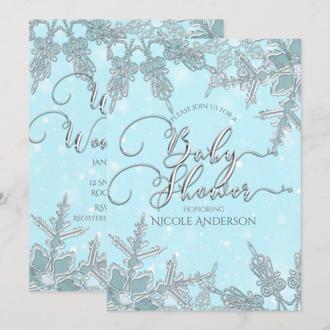 Blå Vinter Värld Snöflingor Baby Shower Inbjudningar (Fram/baksida)