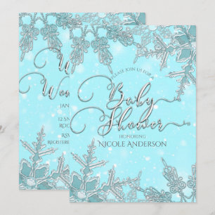 Blå Vinter Värld Snöflingor Baby Shower Inbjudningar