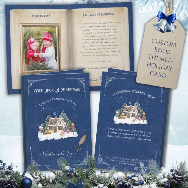 Blå Vinter Världens Underbara Saga Jul Foto Helgkort (Full preview of blue storybook photo Christmas card with customizable text and photo.)