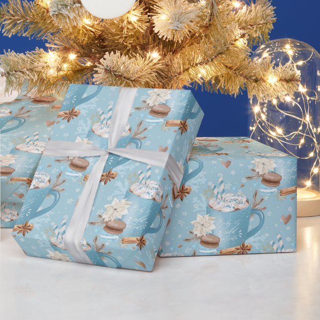 Blå Vinter Varm Choklad & Macaron Mönster Presentpapper (Helgdagar)