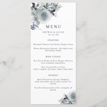 Blå vinter Watercolor Flowers Bröllop Menu