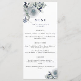 Blå vinter Watercolor Flowers Bröllop Menu Meny