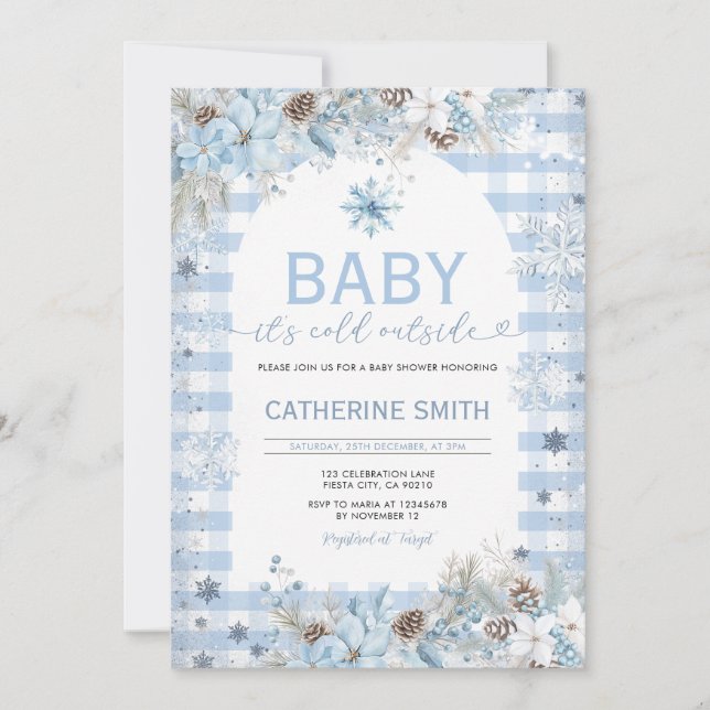 Blå vinterblommor  Baby Shower Snöflingor Inbjudningar (Framsida)