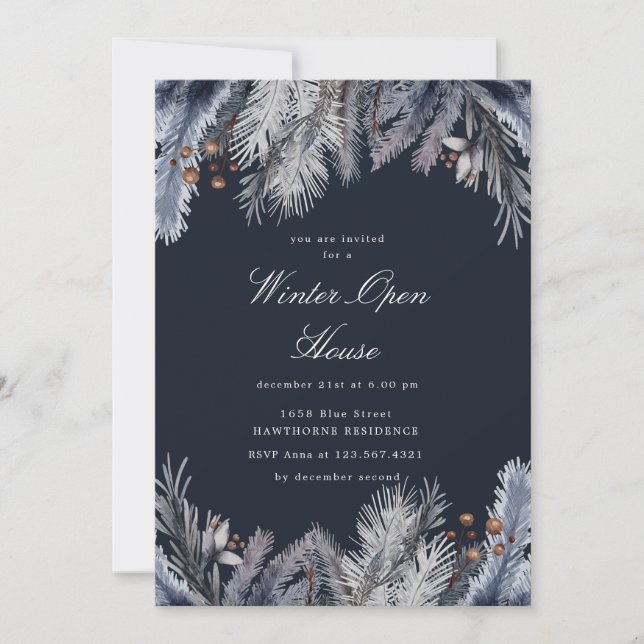 Blå vintergrönska Vinter Öppet hus Inbjudningar (Framsida)