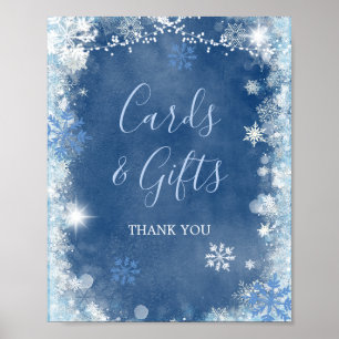 Blå vinterkort och Möhippor för vintersnöflingor Poster
