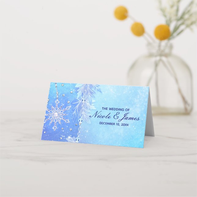 Blå vintersätet Löv & Snöflingor Bröllop Bord Placeringskort (Framsida)