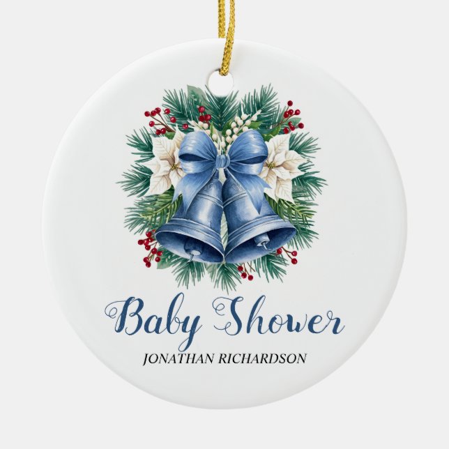 Blå vinterskur, Klockor babydusch Julgransprydnad Keramik (Framsidan)