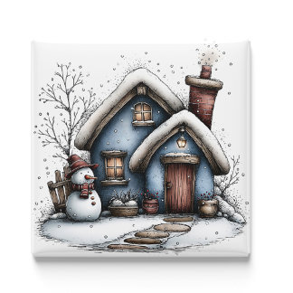 Blå vinterstuga julmagnet magnet