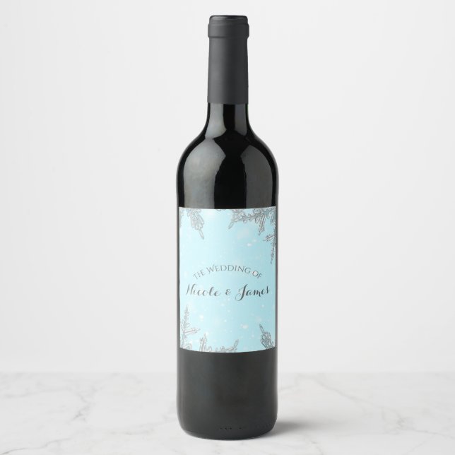 Blå vintervinterland Eleganta snöflingor Vin Vinflaska Etikett (Framsida)