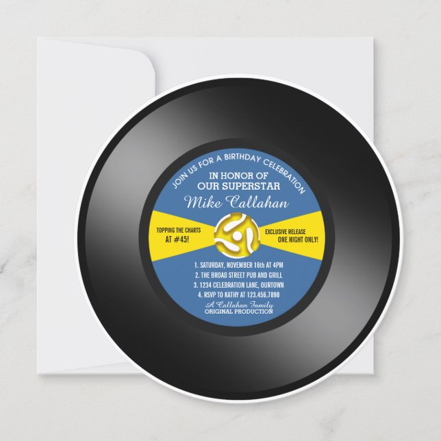 Blå Vinyl 45 Skiva Födelsedagsfest Inbjudningar (Framsida)