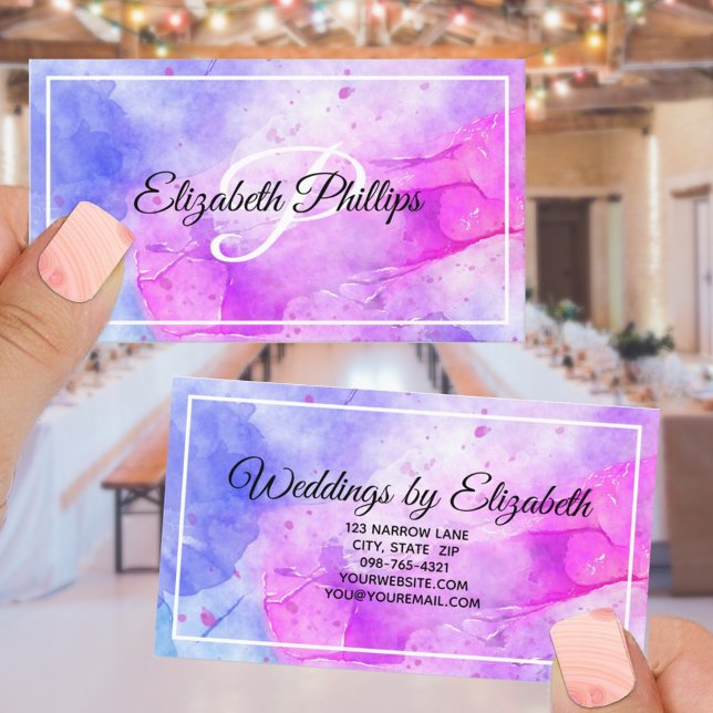 Blå Violet Watercolor Monogram Brev Visitkort (Skapare uppladdad)