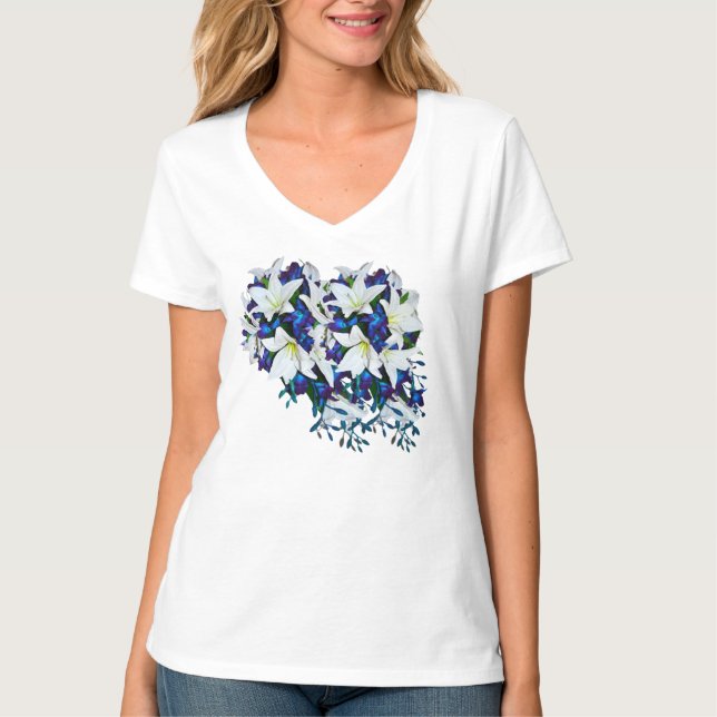 Blå, Violet & White silke Blomstermaid-gåva T Shirt (Framsida)