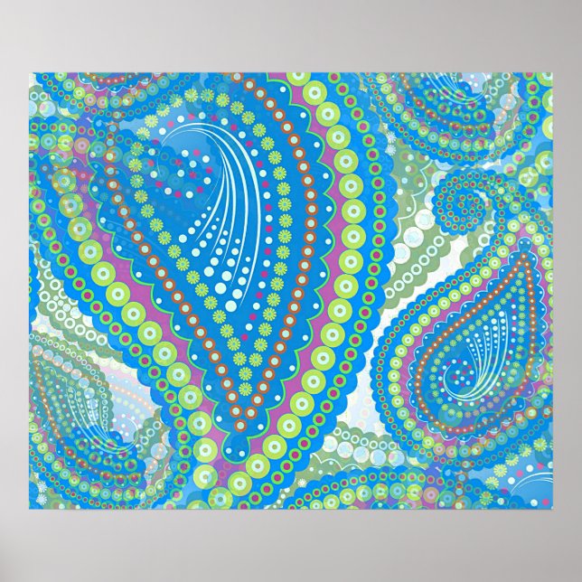 Blå Violett Limegrön Paisley Blommig Konst Mönster Poster (Framsidan)