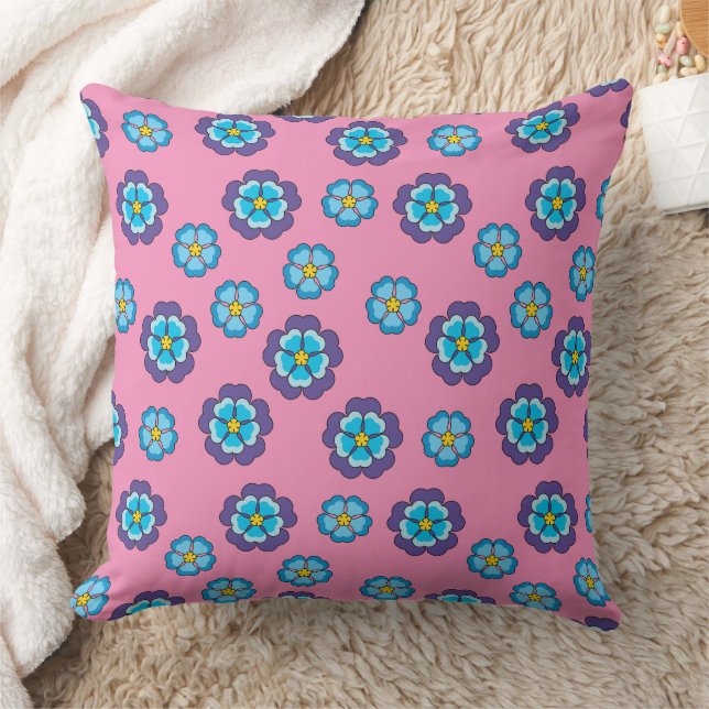 Blå Violett Rosa Blommönster Kudde (Filt)