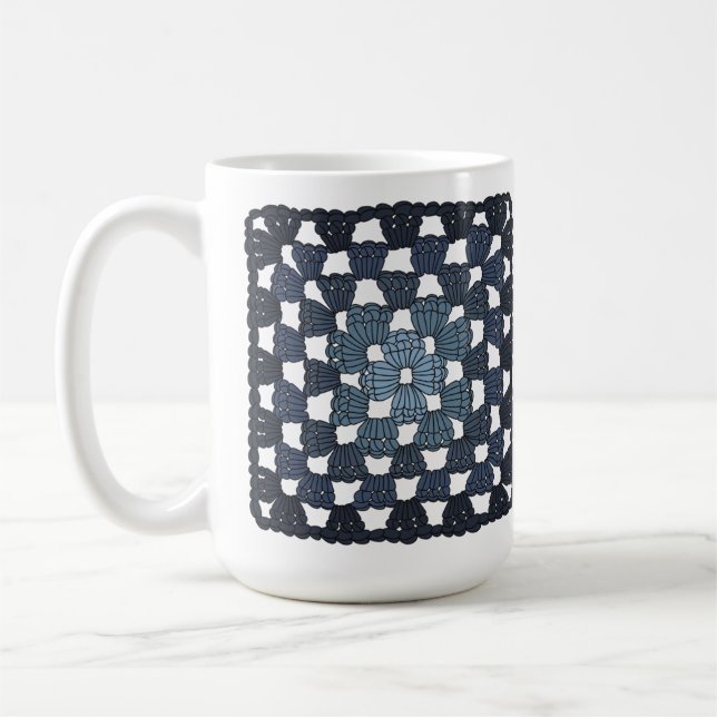 Blå virkad granny square-kaffekopp kaffemugg (Vänster)