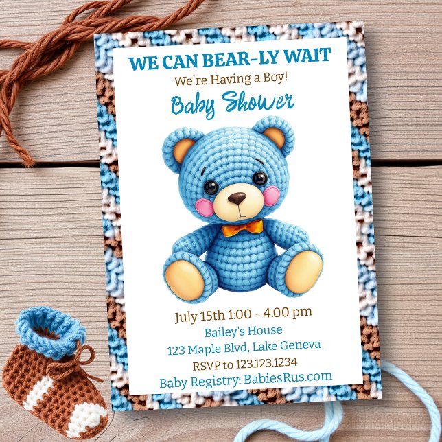 Blå virkad nallepojke baby shower inbjudningar (Skapare uppladdad)