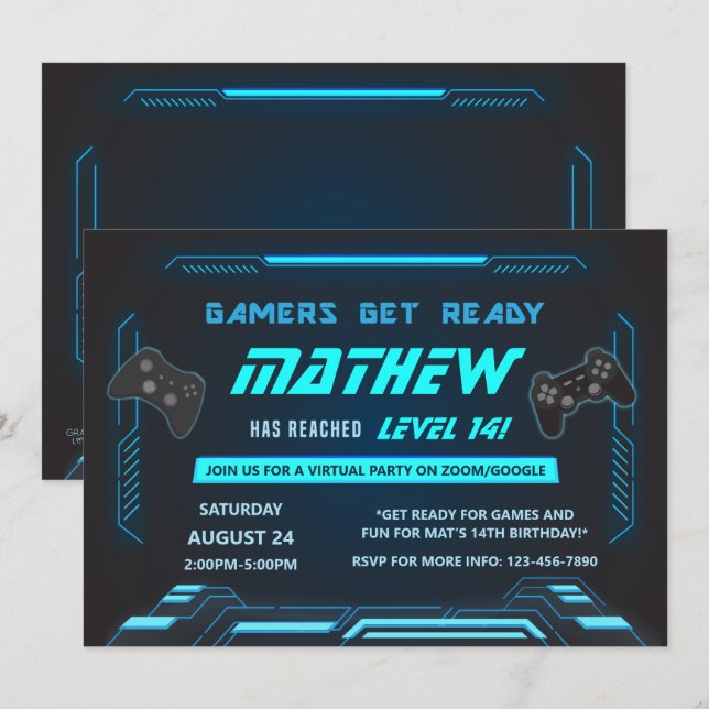 Blå Virtuell Födelsedagsfest för spelspelspelare Inbjudningar (Fram/baksida)