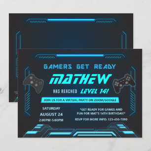 Blå Virtuell Födelsedagsfest för spelspelspelare Inbjudningar