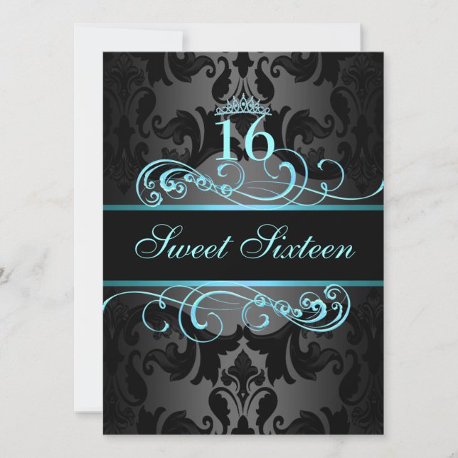 Blå Virvel Damask Sweet16 Födelsedagsinbjudan Inbjudningar (Framsida)