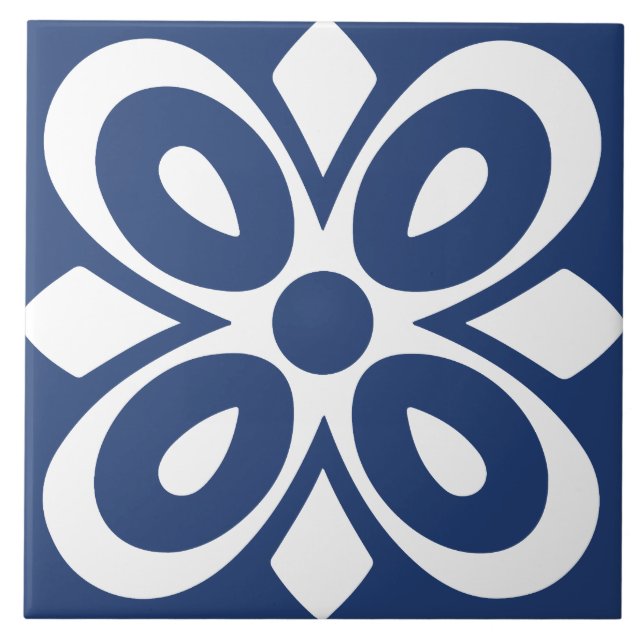 Blå vit abstrakt blomster geometrisk kakelplatta (Framsidan)