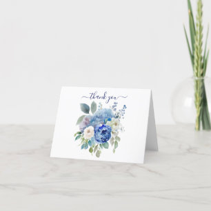 Blå Vit Akvarell Blommig Blommor Grönska Tack Kort