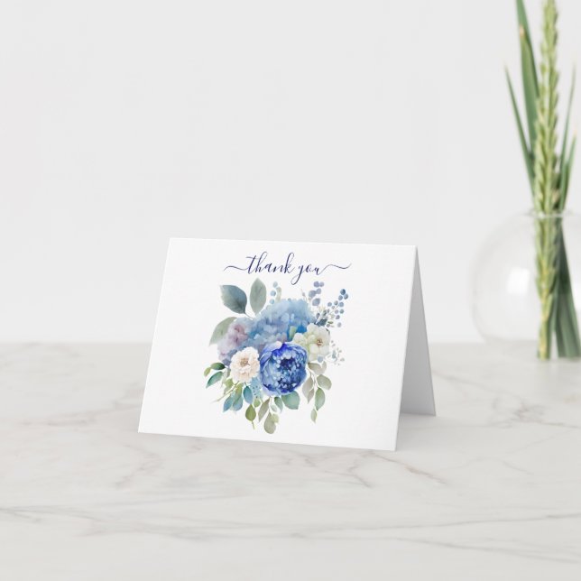 Blå Vit Akvarell Blommig Blommor Grönska  Tack Kort (Framsida)