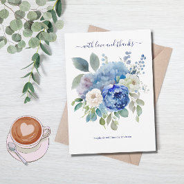 Blå Vit Akvarell Blommig Bröllop  Tack Kort