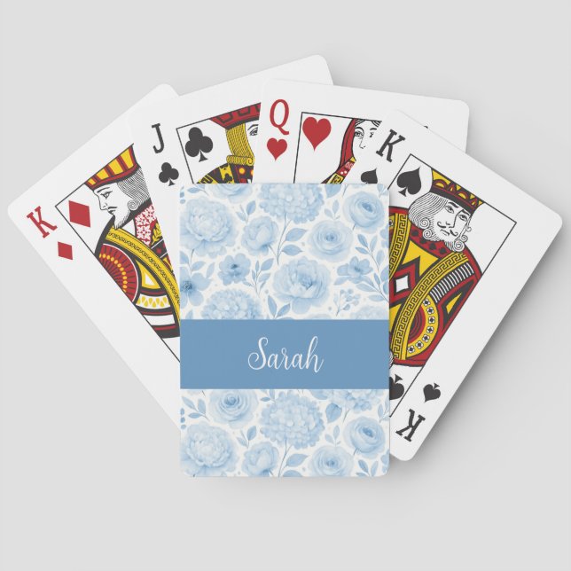 Blå Vit Akvarell Blommig Monogram Namn Casinokort (Baksidan)