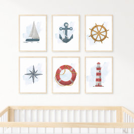 Blå Vit Ankar Marin Ocean Tema Poster
