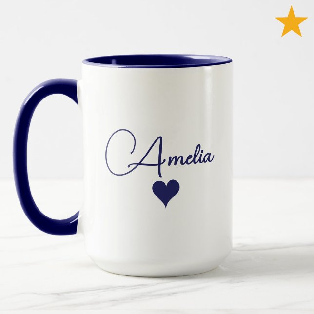 Blå Vit Anpassad Namn Cursive Typografi Hjärtat Mugg (Skapare uppladdad)