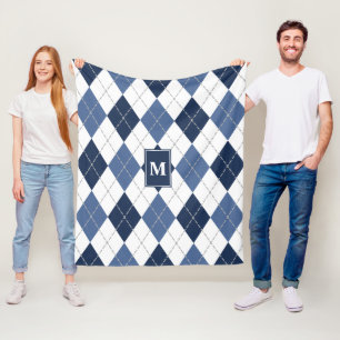 Blå vit argyle plaid monogramme fleecefilt